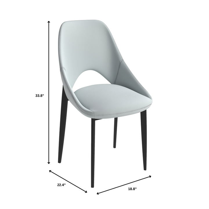 Gray chair with dimensions indicated on a white background.