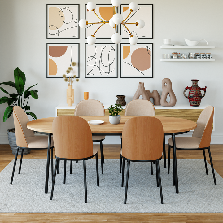 LeisureMod Tule Mid-Century Modern Dining Side Chair with Velvet Seat and Powder-Coated Natural Wood/Brown at Table.