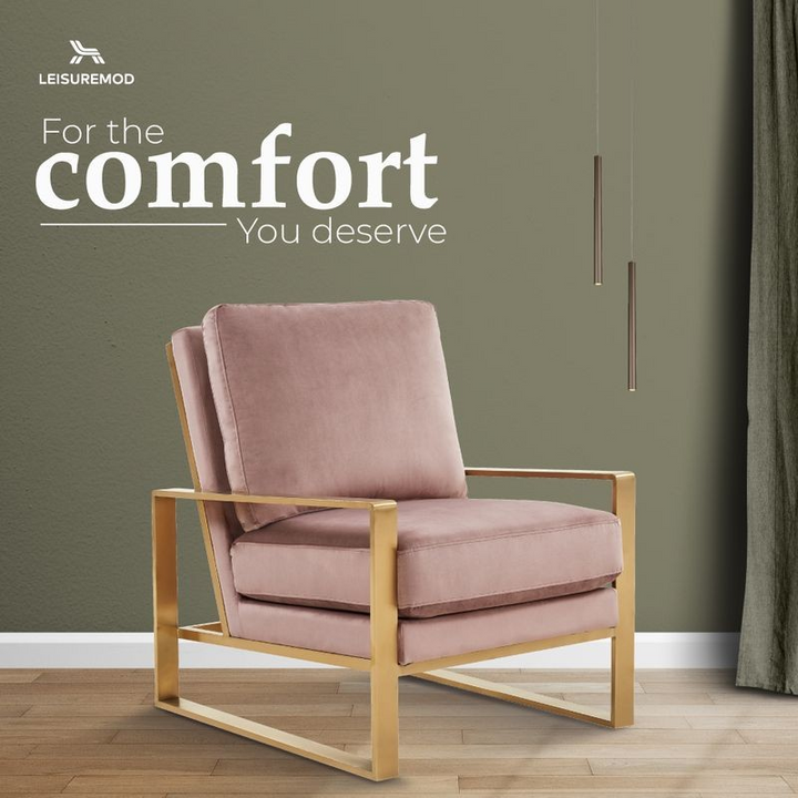 LeisureMod Jefferson Velvet Design Accent Armchair with Gold Brass Finish Frame Pink Comfort