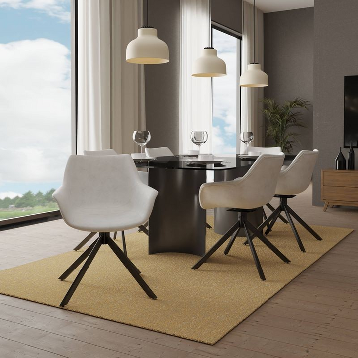 LeisureMod Markley Modern Leather Dining Swivel Armchair in Light Grey at Table.