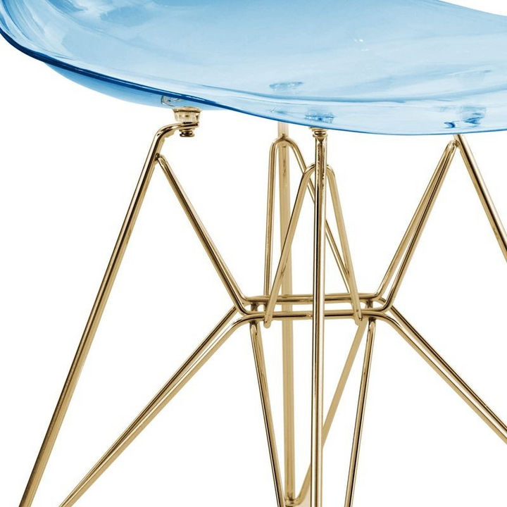 LeisureMod 5-Piece Dining Set with 35" Round Dining Table in White Iron Pedestal Base and 4 ABS Plastic Side Chair with Gold Base Transparent Blue Chair Closeup.