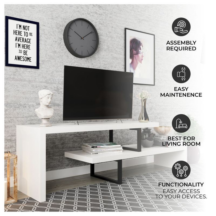 LeisureMod Orford Mid-Century Modern TV Stand with MDF Shelves and Powder Coated Iron Legs in White Description.