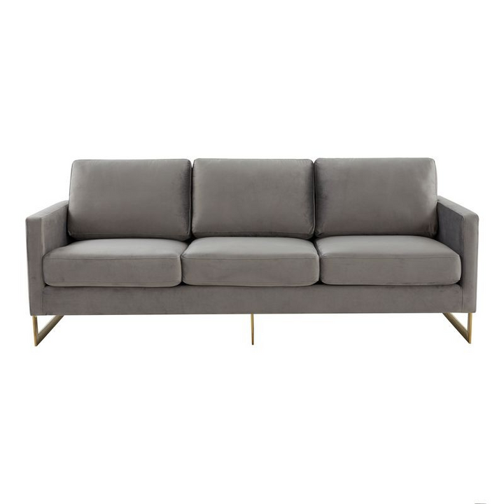 LeisureMod Lincoln Modern Mid-Century Upholstered Velvet Sofa with Gold Frame Light Grey Front Photo.