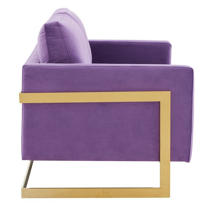 LeisureMod Lincoln Modern Mid-Century Upholstered Velvet Loveseat with Gold Frame Purple Side View.