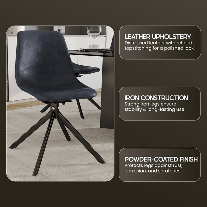 Black leather chair with iron legs on a gray background, featuring text about leather upholstery, iron construction, and powder-coated finish.