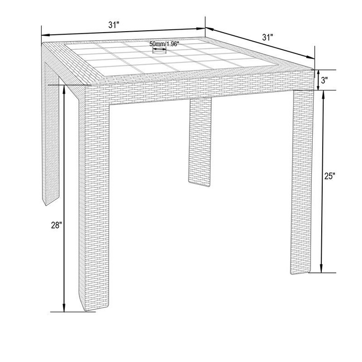 Technical drawing of a rectangular table with dimensions labeled.