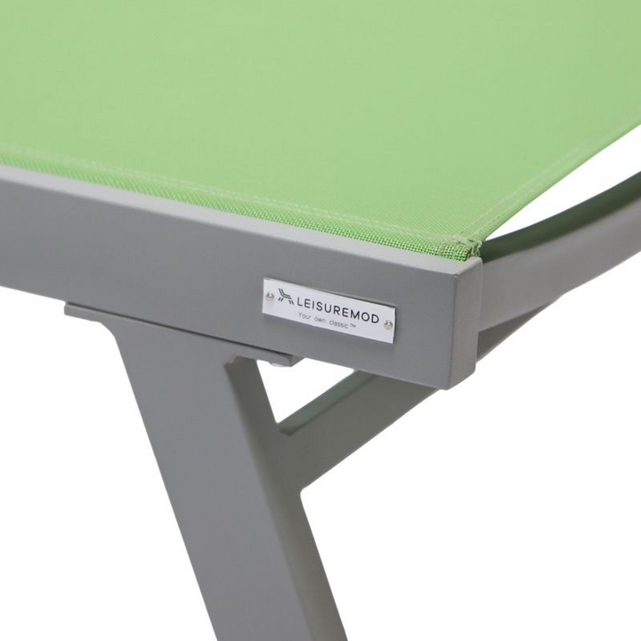 LeisureMod Marlin Patio Chaise Lounge Chair with Armrests in Grey Aluminum Frame, Set of 2 in Green Closeup.