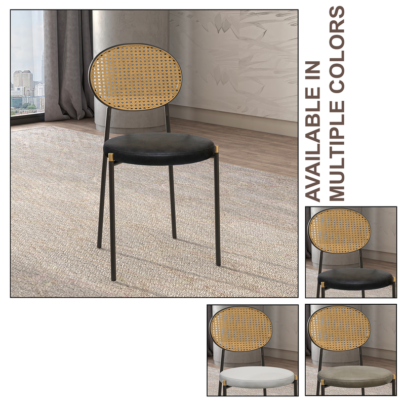 Chair with wicker backrest and black frame in a room setting, available in multiple colors.