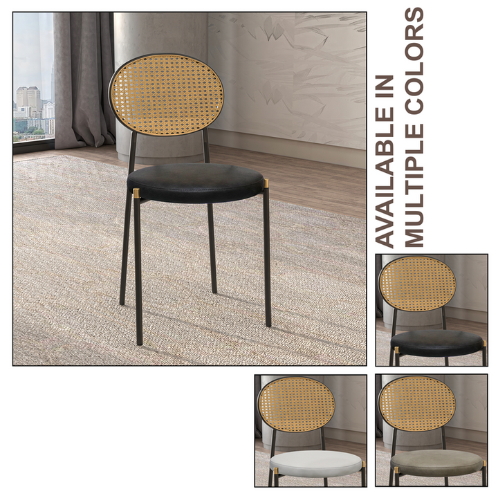 Chair with wicker backrest and black frame in a room setting, available in multiple colors.