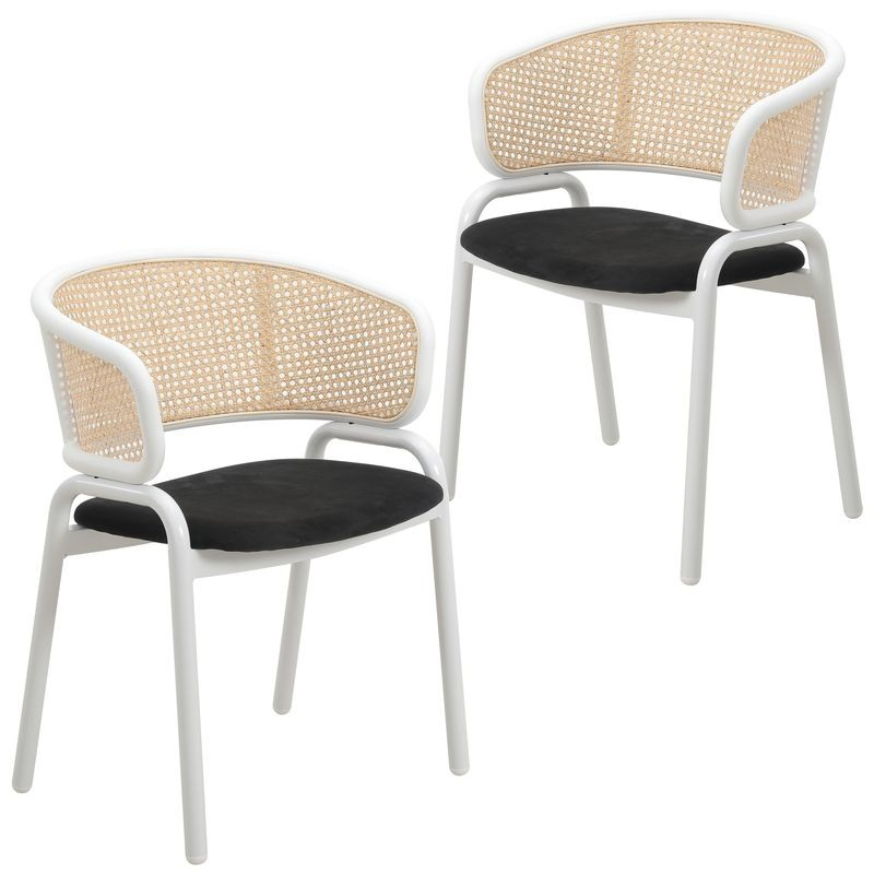 Leisuremod Ervilla Modern Dining Chair with White Powder Coated Steel Legs and Wicker Back, Set of 2 Black