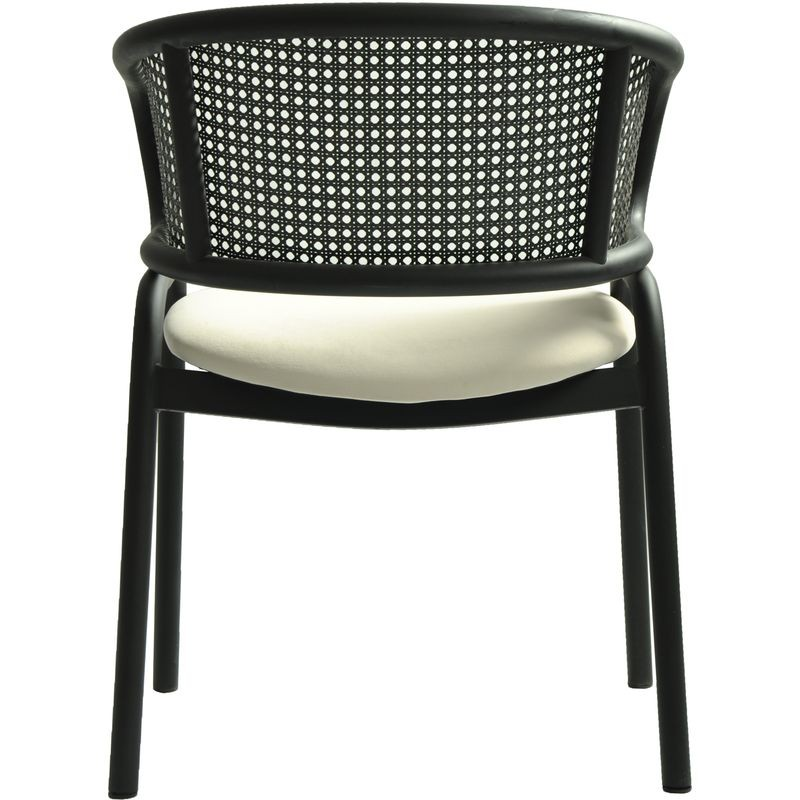 LeisureMod Ervilla Dining Armchair in Black Steel Frame with Black Wicker Back and Beige Seat Back View.