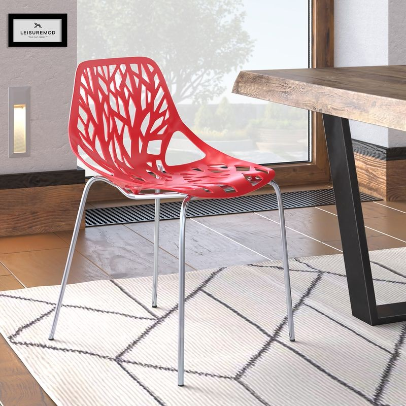 LeisureMod Modern Asbury Dining Chair w/ Chromed Legs Red at Table.