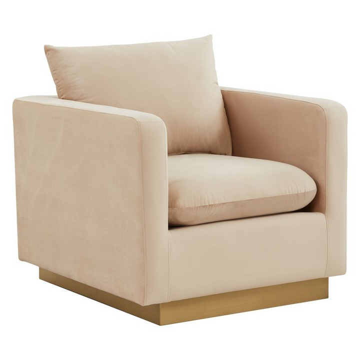 LeisureMod Nervo Velvet Accent Armchair with Gold Frame Beige