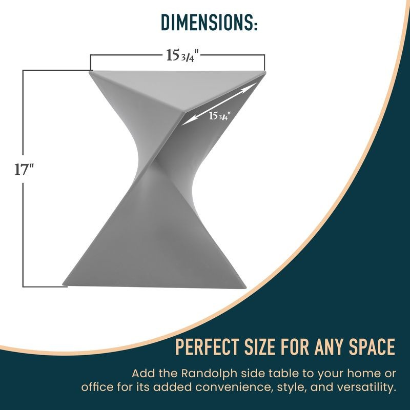Dimensions of a gray side table with text indicating its perfect size for any space.