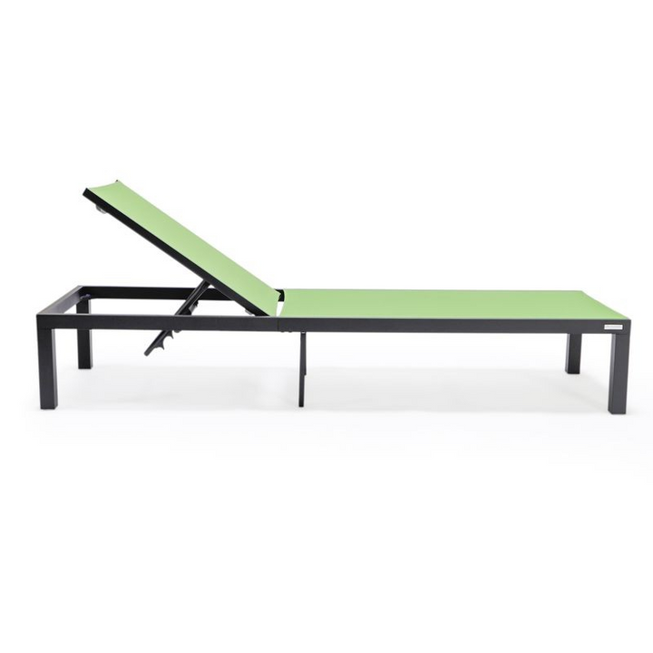 LeisureMod Marlin Patio Chaise Lounge Chair with Black Aluminum Frame Green Side View.