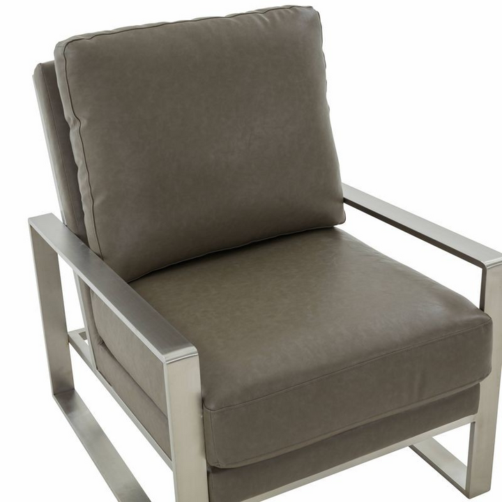 LeisureMod Jefferson Faux Leather Modern Design Accent Armchair with Elegant Silver Frame Grey Zoomed In.