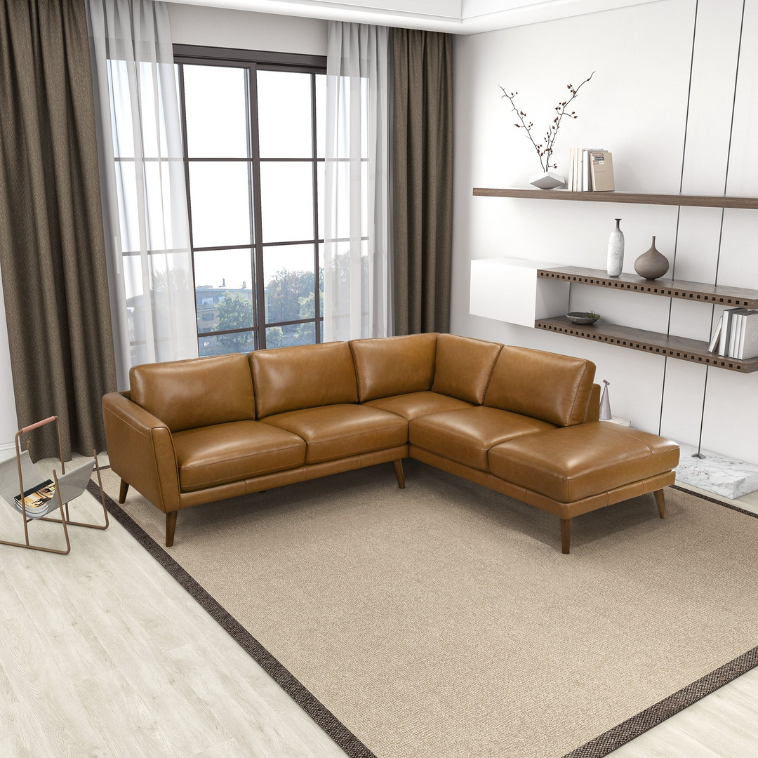 Benson Tan Leather Sectional Sofa Right Facing Chaise in Living Room.