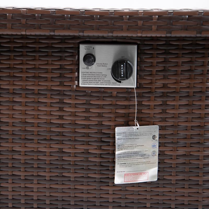 LeisureMod Mace Wicker Patio Modern Propane Fire Pit Table Dark Brown Knobs.