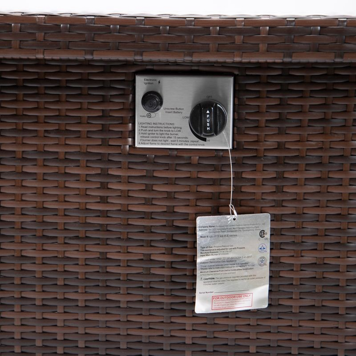 LeisureMod Mace Wicker Patio Modern Propane Fire Pit Table Dark Brown Knobs.