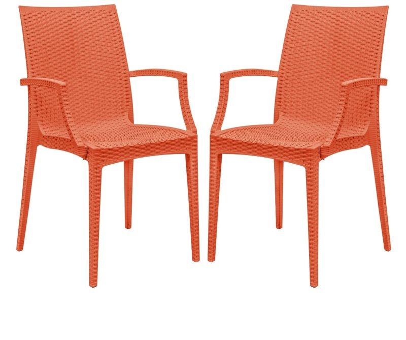 LeisureMod Weave Mace Indoor/Outdoor Chair (With Arms), Set of 2 Orange