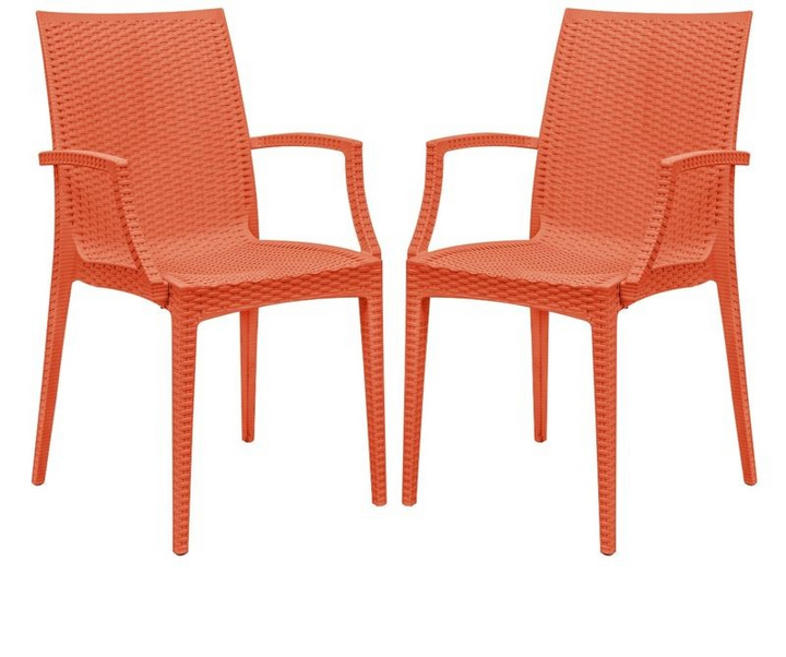 LeisureMod Weave Mace Indoor/Outdoor Chair (With Arms), Set of 2 Orange