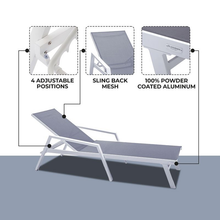 LeisureMod Marlin Patio Chaise Lounge Chair with Armrests in White Aluminum Frame Dark Grey Details.