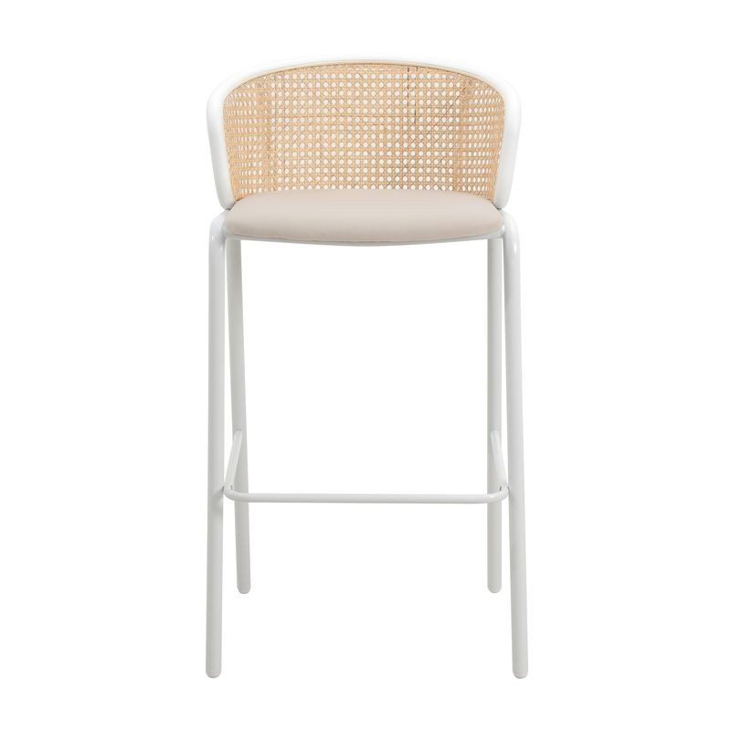 LeisureMod Ervilla Mid-Century Modern Wicker Bar Stool with Fabric Seat and White Powder Coated Steel Frame for Kitchen and Dining Room in Beige Front View.
