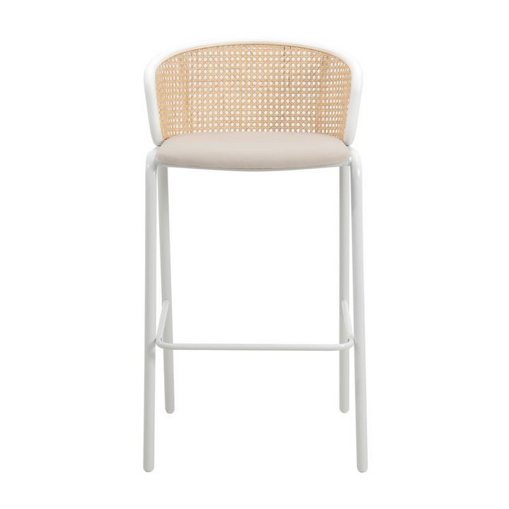 LeisureMod Ervilla Mid-Century Modern Wicker Bar Stool with Fabric Seat and White Powder Coated Steel Frame for Kitchen and Dining Room in Beige Front View.
