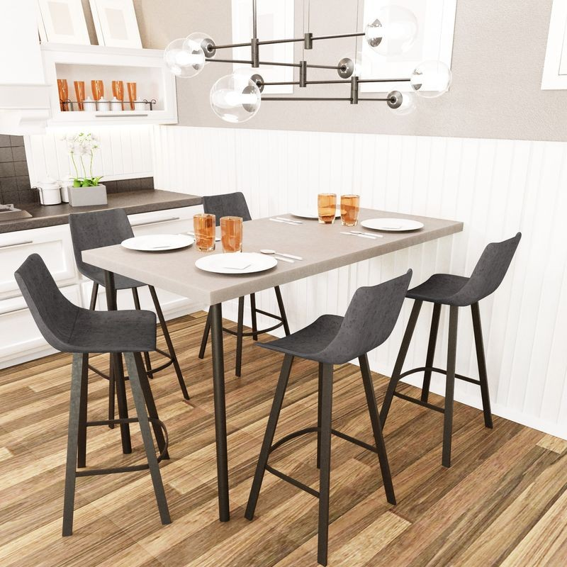 LeisureMod Elland Modern Upholstered Leather Bar Stool with Iron Legs and Footrest at Table.