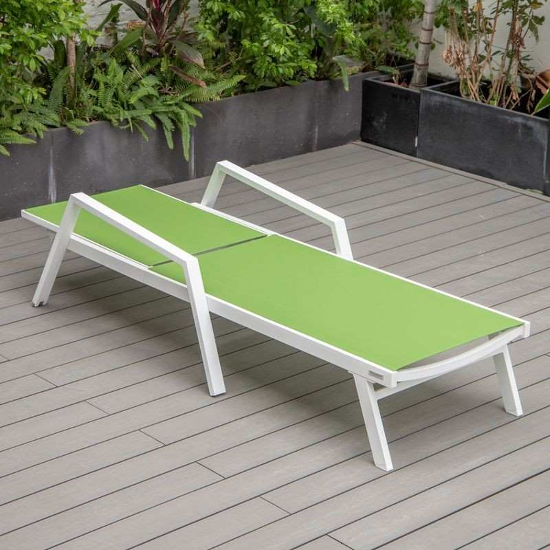 LeisureMod Marlin Patio Chaise Lounge Chair with Armrests in White Aluminum Frame Green Flat View.