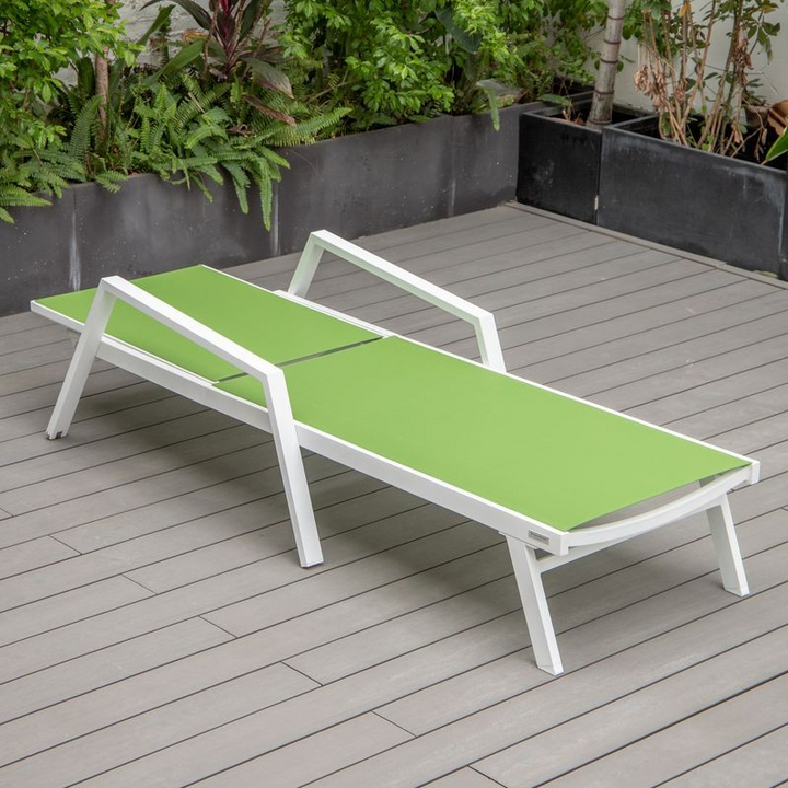 LeisureMod Marlin Patio Chaise Lounge Chair with Armrests in White Aluminum Frame Green Flat View.