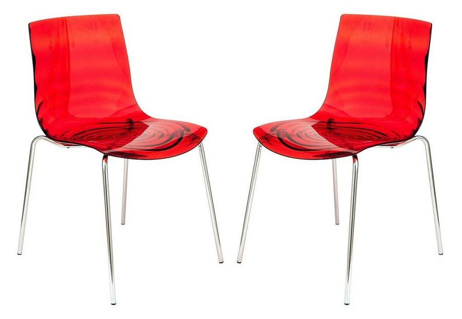 LeisureMod Astor Water Ripple Design Dining Chair Set of 2 Transparent Red