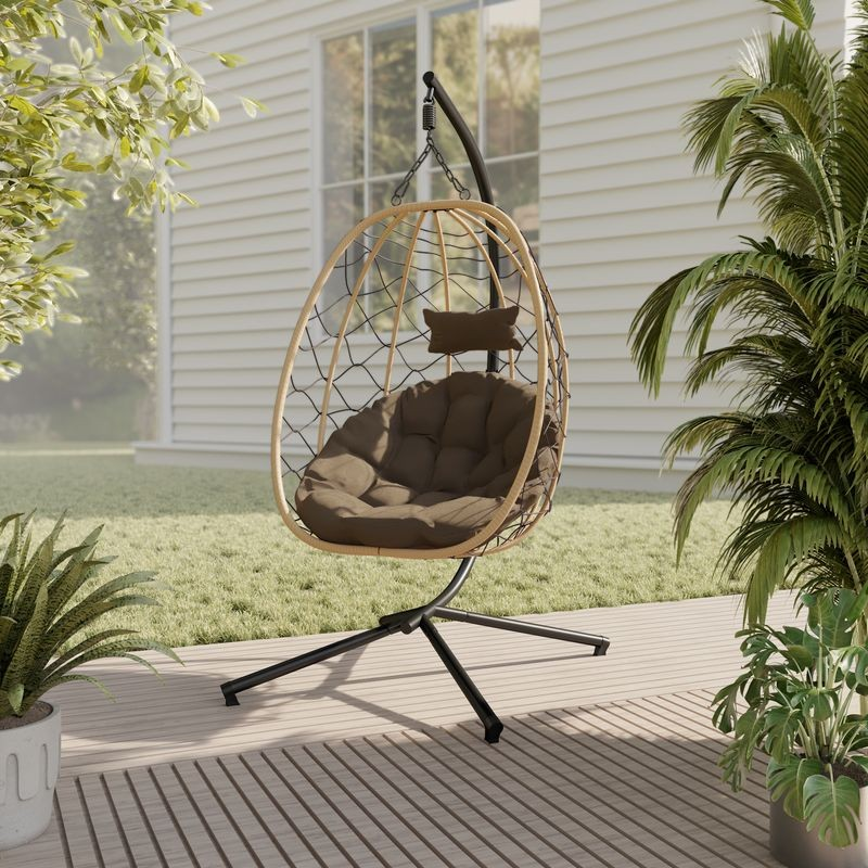Leisuremod Summit Series Outdoor Egg Swing Chair in Brown with Brown Cushions Photo.