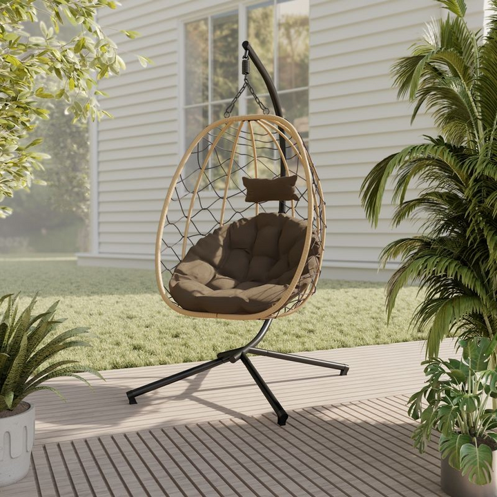 Leisuremod Summit Series Outdoor Egg Swing Chair in Brown with Brown Cushions Photo.