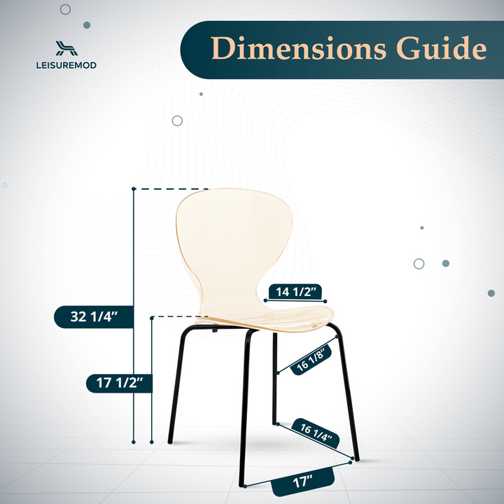 Chair dimensions guide with LeisureMod logo on a white background.