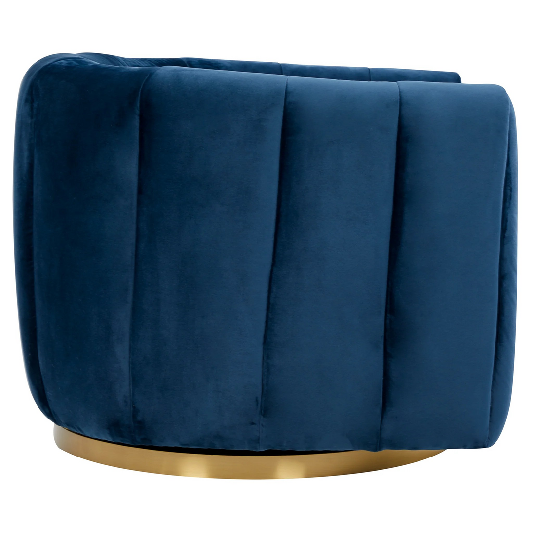 Cosey Navy Blue Velvet Swivel Chair Side View.