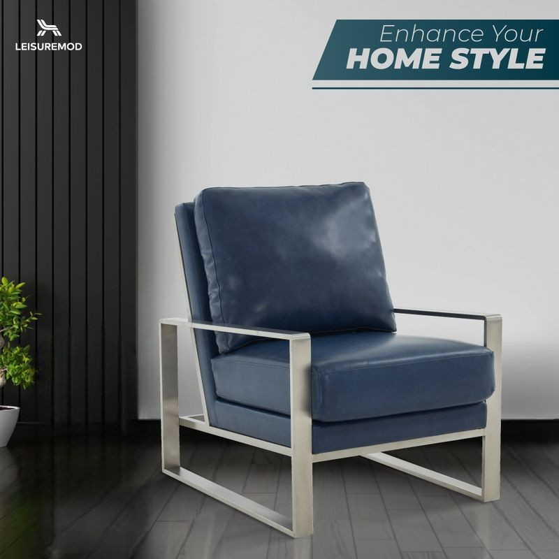 LeisureMod Jefferson Faux Leather Modern Design Accent Armchair with Elegant Silver Frame Navy Blue