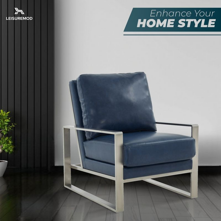 LeisureMod Jefferson Faux Leather Modern Design Accent Armchair with Elegant Silver Frame Navy Blue