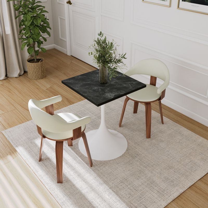 LeisureMod Verve Collection 24 Square Dining Table, White Base with Black MDF Top View.