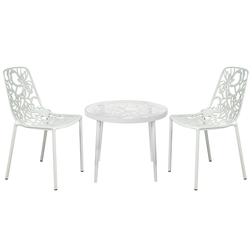 LeisureMod Devon Mid-Century Modern 3-Piece Aluminum Outdoor Patio Dining Set with Tempered Glass Top Table and 2 Stackable Flower Design Chairs White