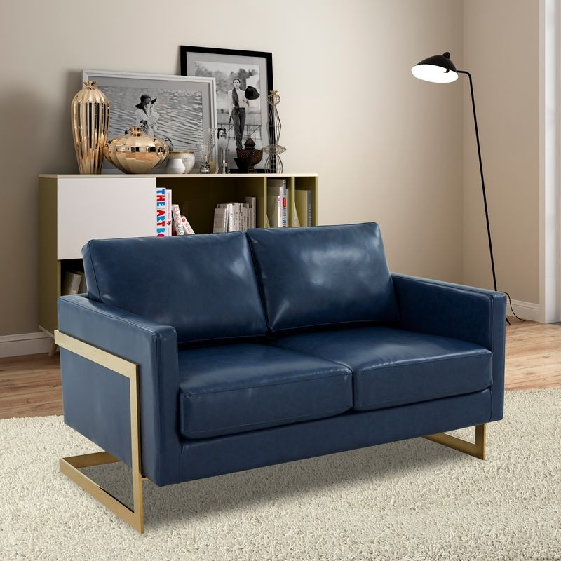 LeisureMod Lincoln Modern Mid-Century Upholstered PU Leather Loveseat with Gold Frame Navy Blue with Background.