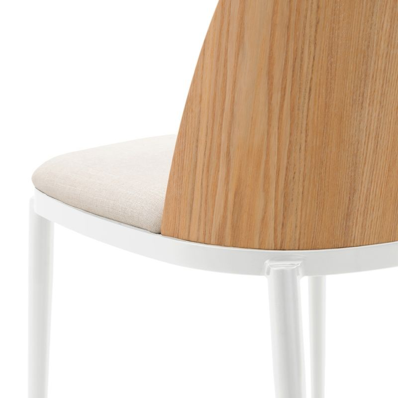 LeisureMod Tule Mid-Century Modern Dining Side Chair with Velvet Seat and White Powder-Coated Steel Frame Natural Wood/Beige Closeup.