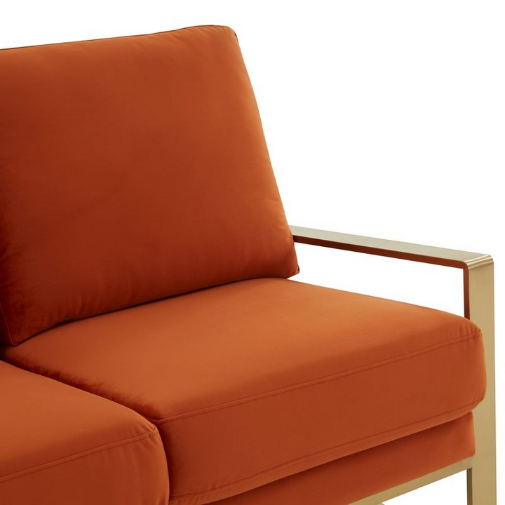 Leisuremod Jefferson Contemporary Modern Velvet Loveseat with Gold Frame Orange Closeup.