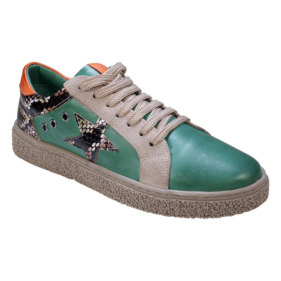 Charlee Green Snakeskin Two-Tone Star Motif Lace Up Sneakers