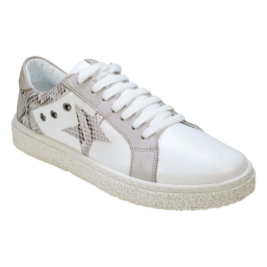 Charlee White Snakeskin Two-Tone Star Motif Lace Up Sneakers