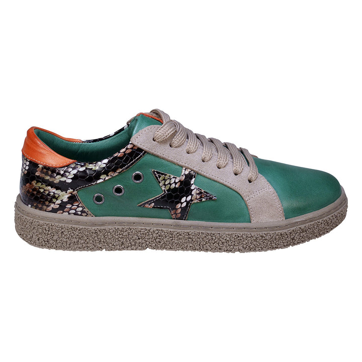 Charlee Green Snakeskin Two-Tone Star Motif Lace Up Sneakers