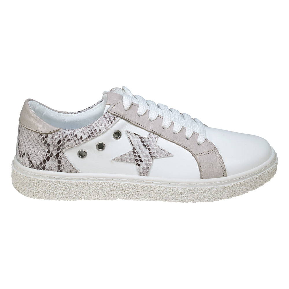 Charlee White Snakeskin Two-Tone Star Motif Lace Up Sneakers