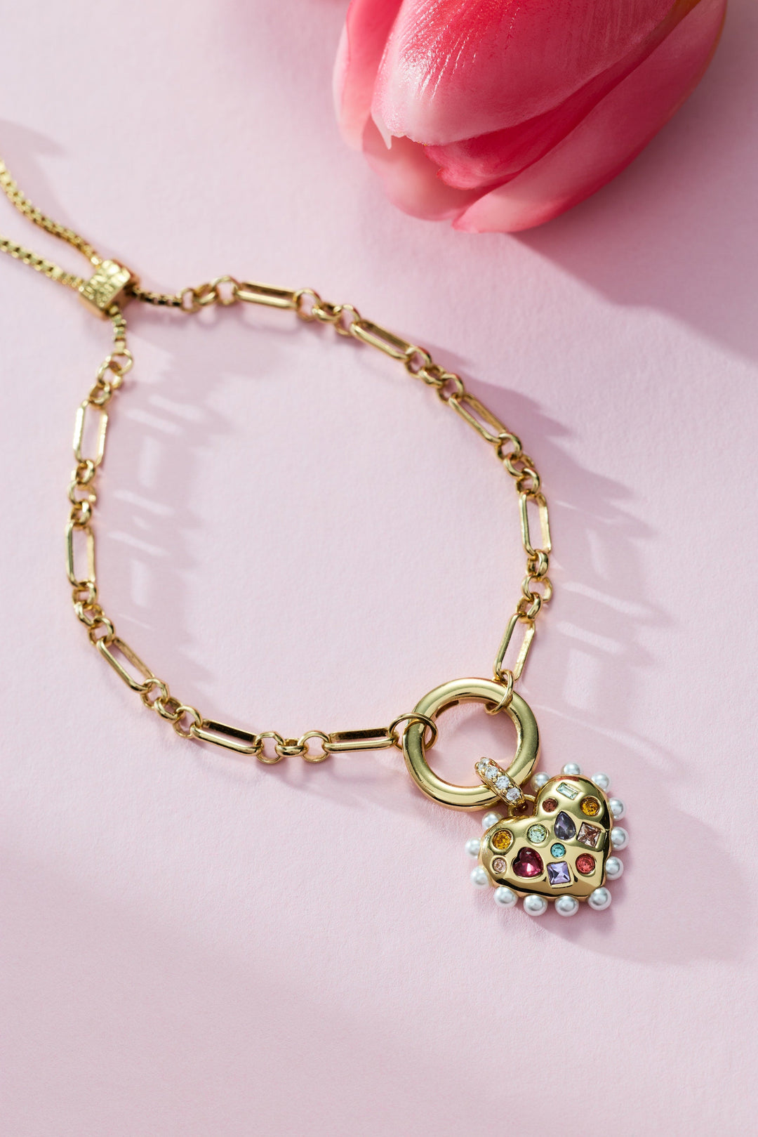 Puffy Heart Gemstone and Pearl Chain Bolo Bracelet