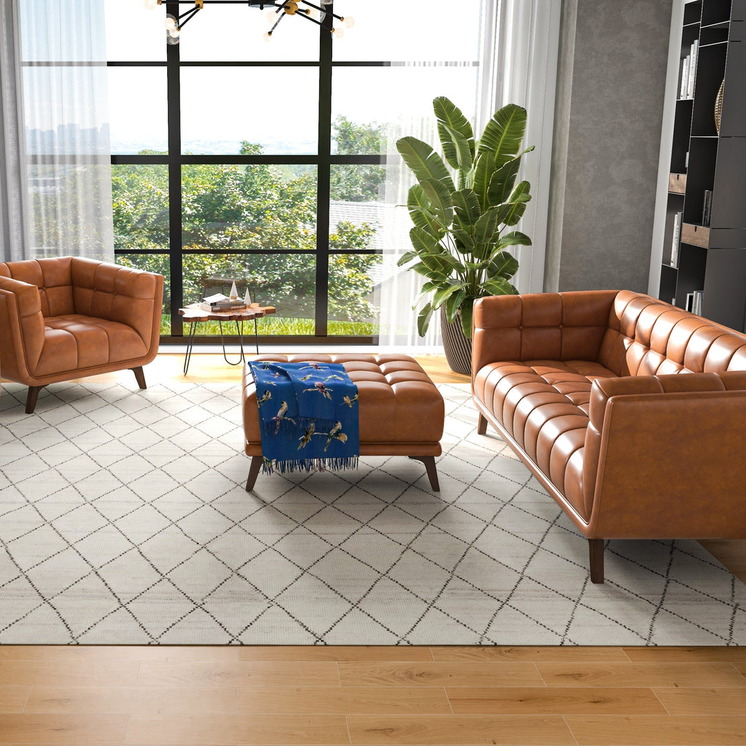 Addison Square Upholstered Ottoman Cognac Leather In Room with Sofa