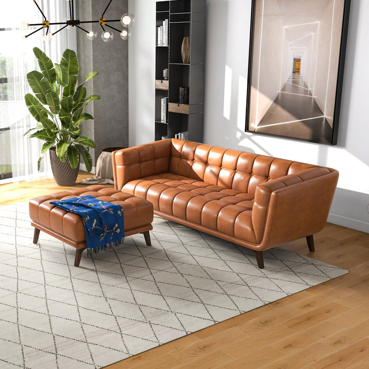 Addison Square Upholstered Ottoman Cognac Leather with Couch